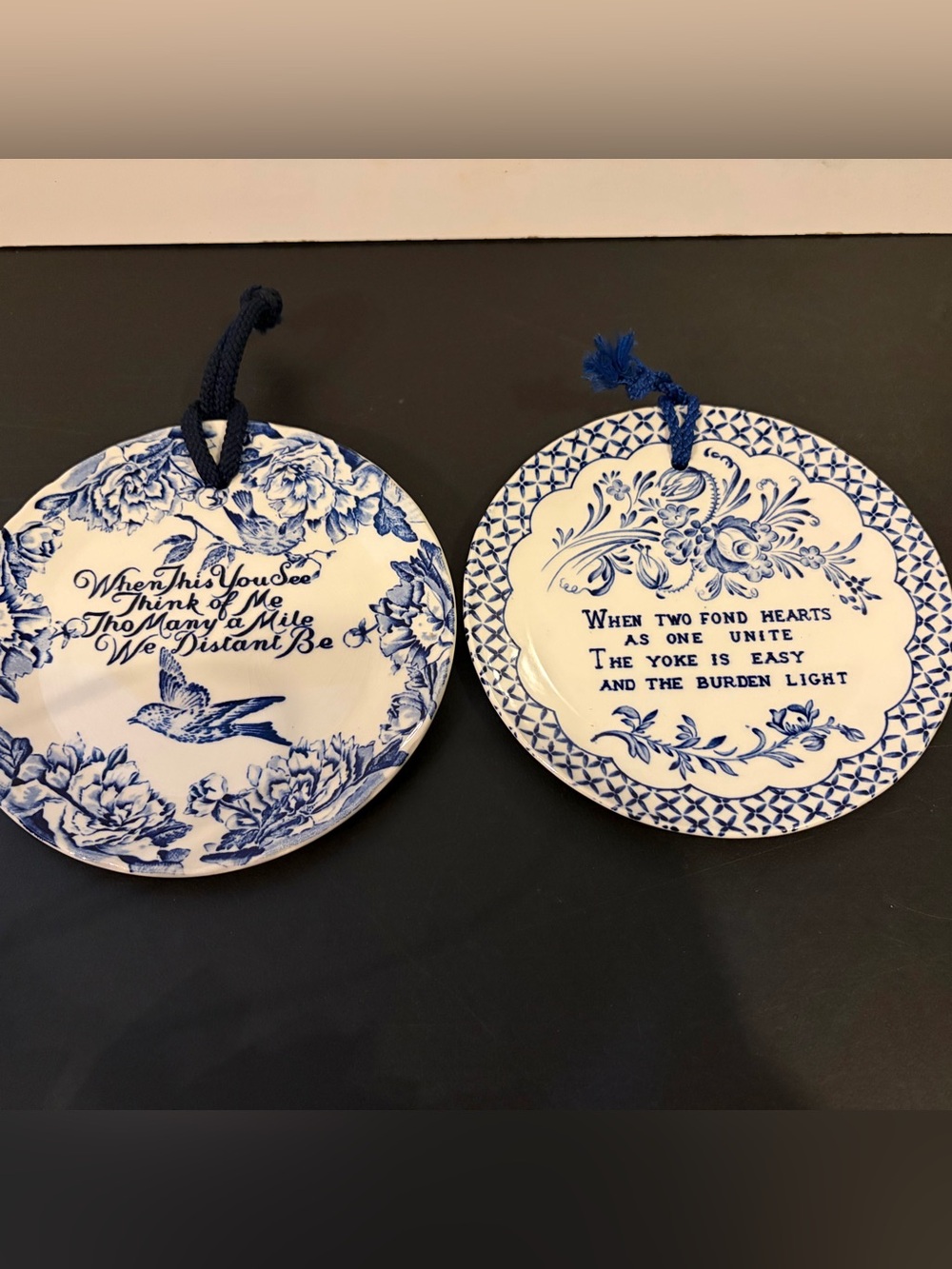 Lot 2 Vtg Royal Crownford Blue White Ironstone Motto Wall Hanging Plates England